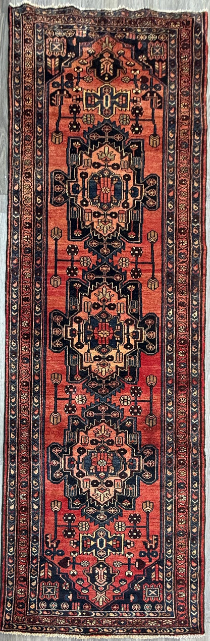 3.2x10.1 ft Vintage 1930s Runner Rug: Hand Knotted Wool Anatolian Farmhouse Village Carpet, Geometric Tribal Design