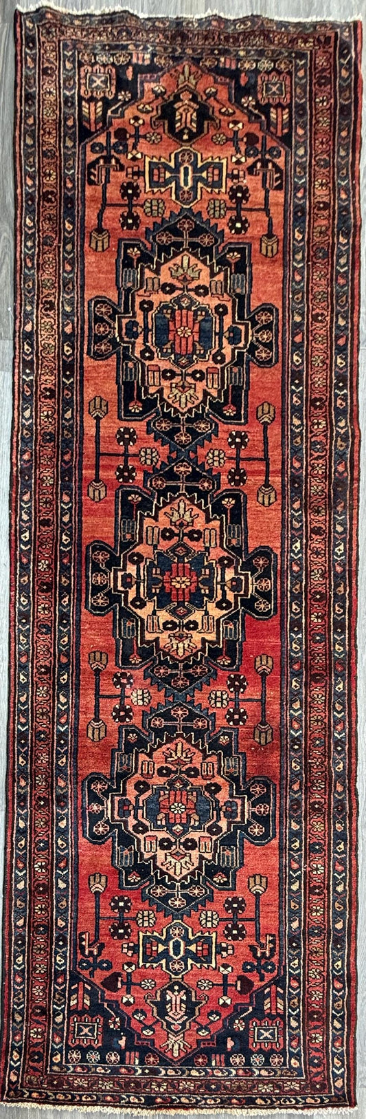 3.2x10.1 ft Vintage 1930s Runner Rug: Hand Knotted Wool Anatolian Farmhouse Village Carpet, Geometric Tribal Design