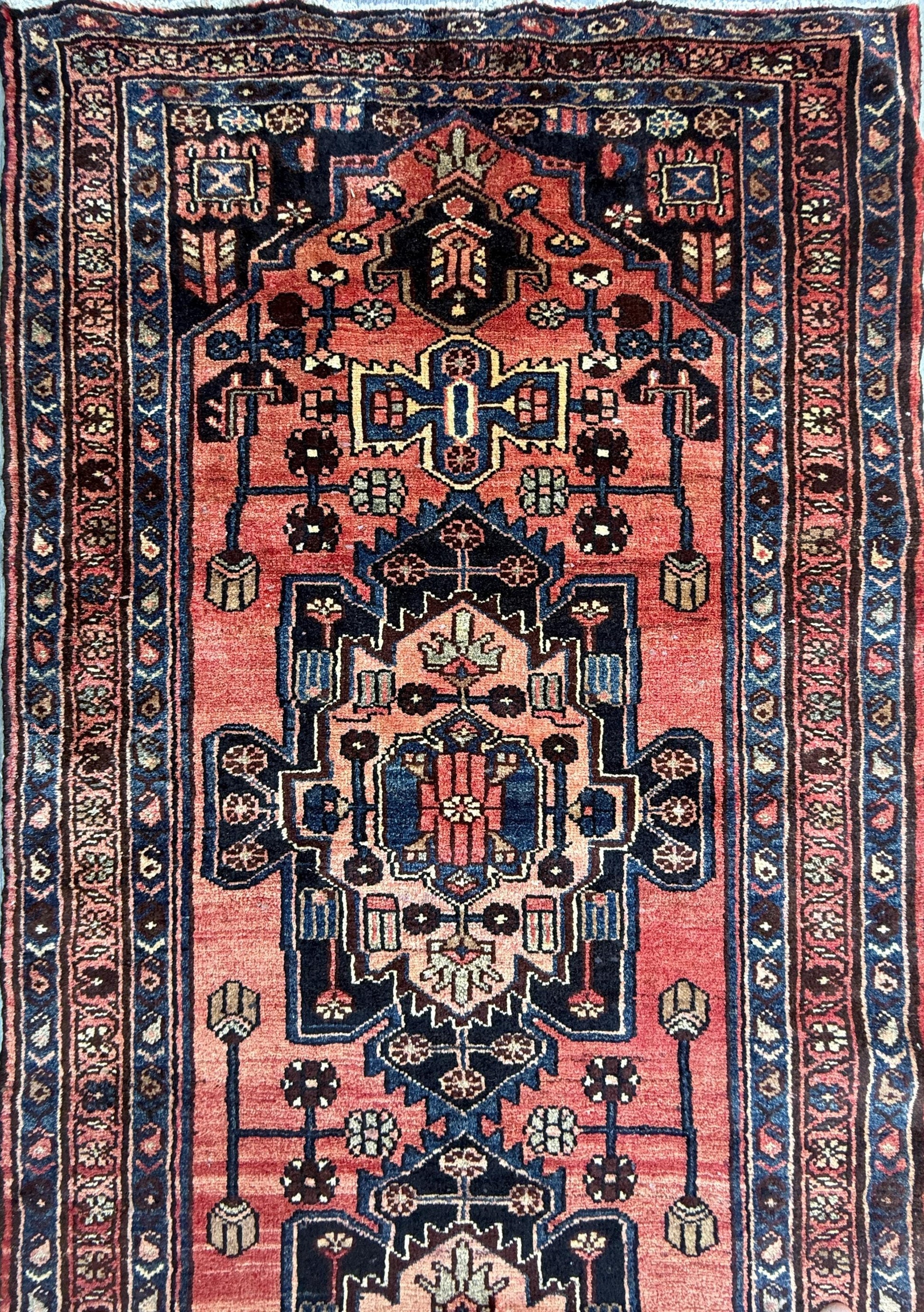 3.2x10.1 ft Vintage 1930s Runner Rug: Hand Knotted Wool Anatolian Farmhouse Village Carpet, Geometric Tribal Design