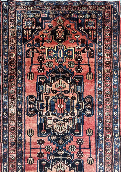 3.2x10.1 ft Vintage 1930s Runner Rug: Hand Knotted Wool Anatolian Farmhouse Village Carpet, Geometric Tribal Design