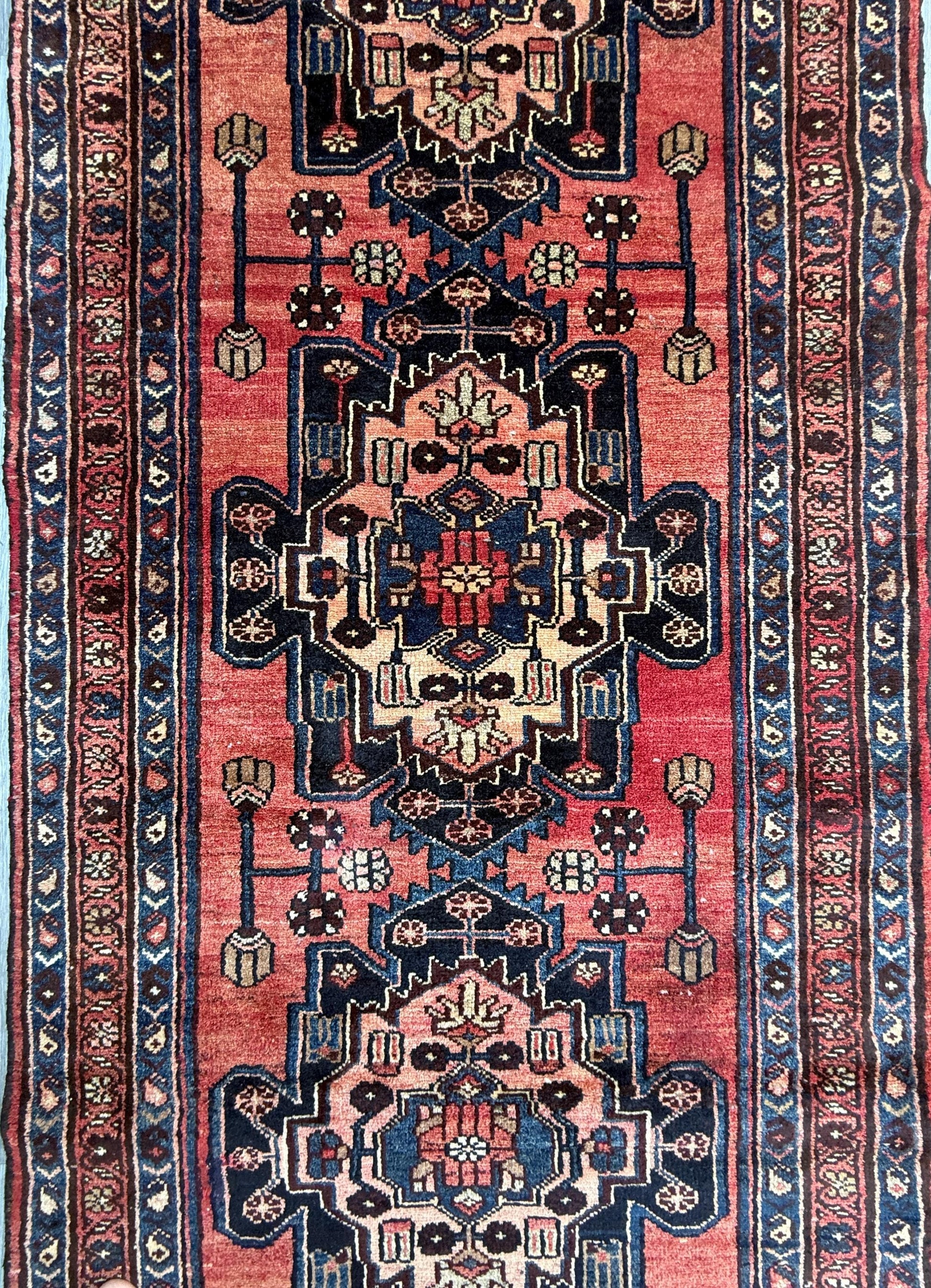 3.2x10.1 ft Vintage 1930s Runner Rug: Hand Knotted Wool Anatolian Farmhouse Village Carpet, Geometric Tribal Design