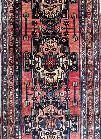 3.2x10.1 ft Vintage 1930s Runner Rug: Hand Knotted Wool Anatolian Farmhouse Village Carpet, Geometric Tribal Design