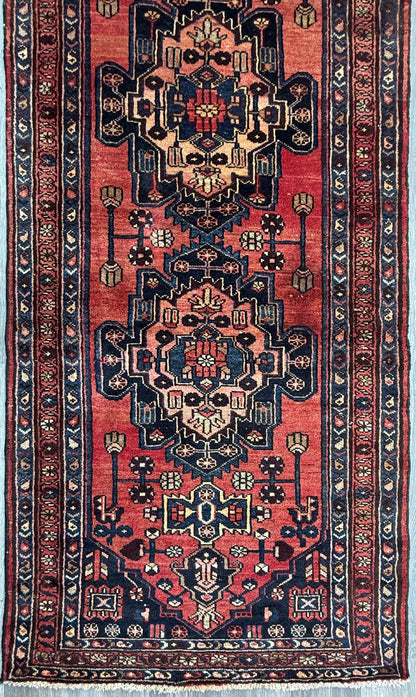 3.2x10.1 ft Vintage 1930s Runner Rug: Hand Knotted Wool Anatolian Farmhouse Village Carpet, Geometric Tribal Design