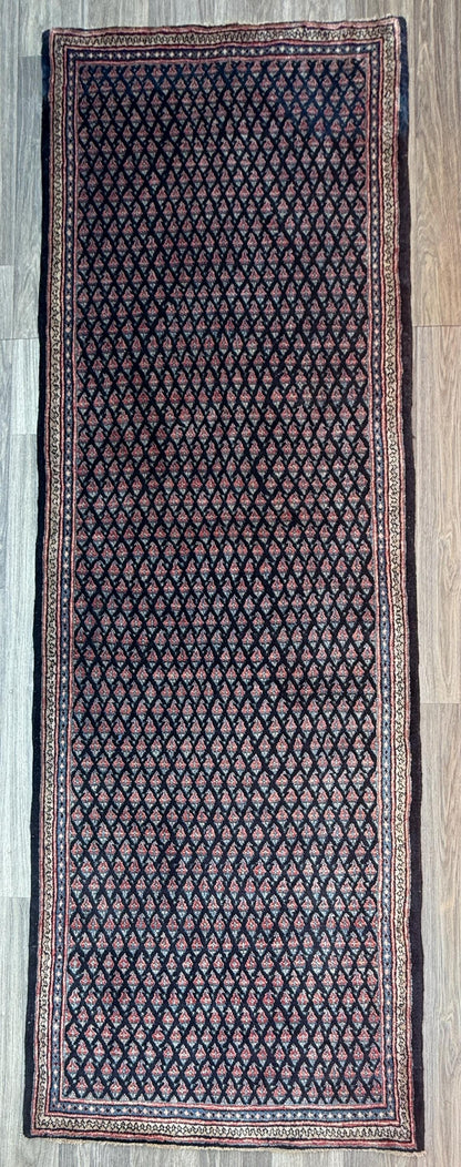 3.4x9.1 ft Vintage 1930s Runner Rug: Farmhouse Anatolian Village Carpet, Hand Knotted Wool Geometric Tribal Design