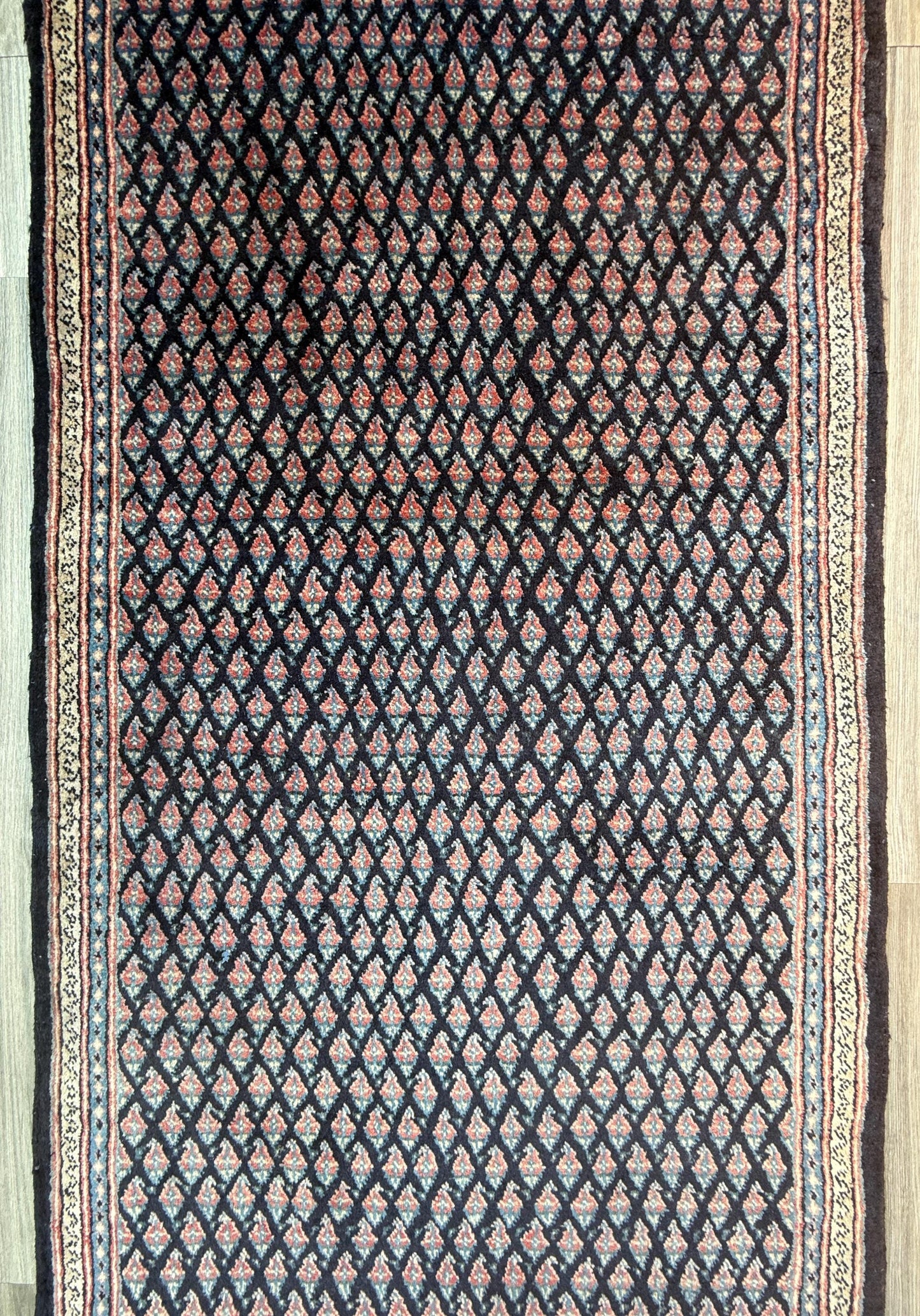 3.4x9.1 ft Vintage 1930s Runner Rug: Farmhouse Anatolian Village Carpet, Hand Knotted Wool Geometric Tribal Design
