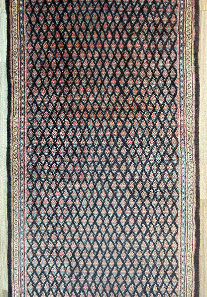 3.4x9.1 ft Vintage 1930s Runner Rug: Farmhouse Anatolian Village Carpet, Hand Knotted Wool Geometric Tribal Design