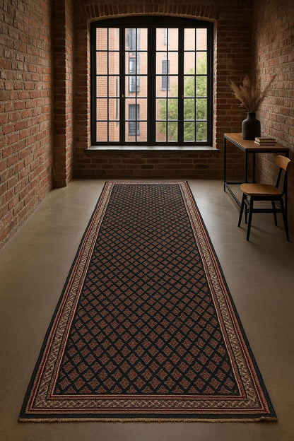 3.4x9.1 ft Vintage 1930s Runner Rug: Farmhouse Anatolian Village Carpet, Hand Knotted Wool Geometric Tribal Design