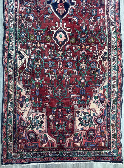 3.5x12.8 ft Vintage 1930s Runner Rug: Hand Knotted Wool Anatolian Carpet, Village Made Geometric Tribal Design