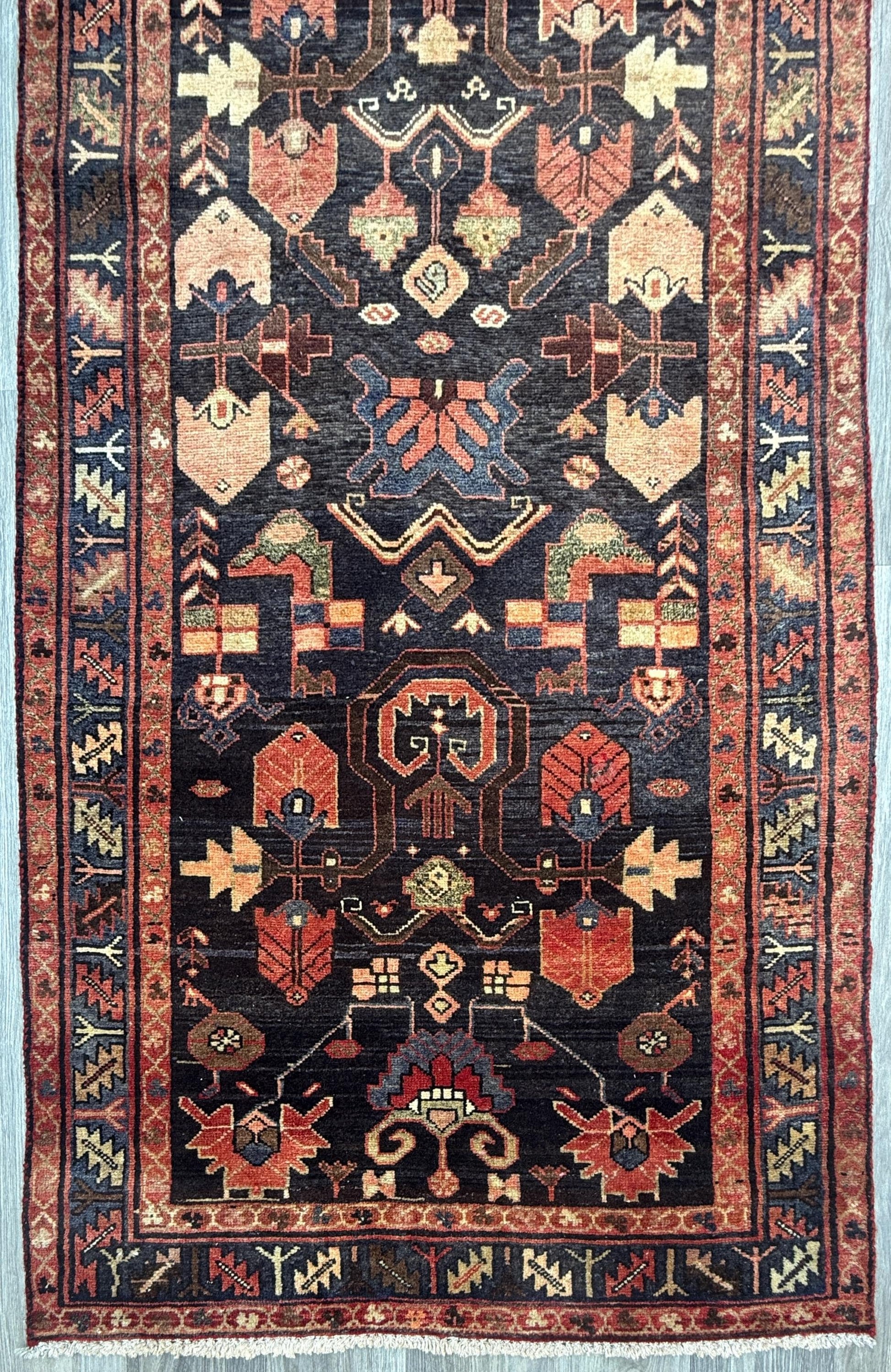 3.6x13.8 ft Vintage 1930s Runner Rug: Anatolian Village Carpet, Hand Knotted Wool Long Geometric Tribal Rug