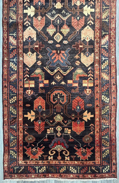 3.6x13.8 ft Vintage 1930s Runner Rug: Anatolian Village Carpet, Hand Knotted Wool Long Geometric Tribal Rug