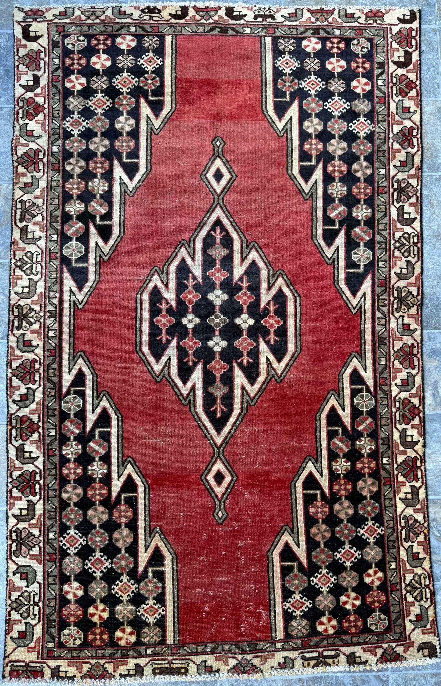 Vintage 1930s Turkish Wool Rug: 3x6 ft Farmhouse Geometric Hand-Knotted Carpet