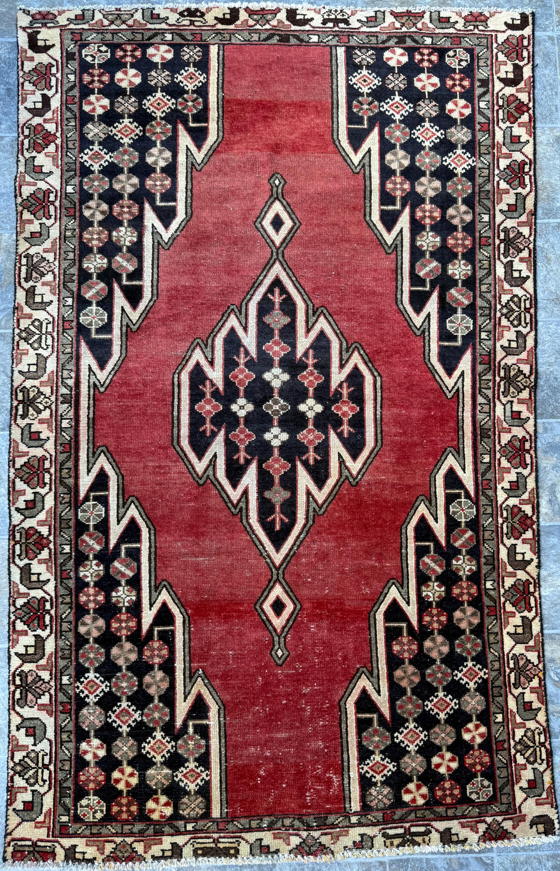 Vintage 1930s Turkish Wool Rug: 3x6 ft Farmhouse Geometric Hand-Knotted Carpet