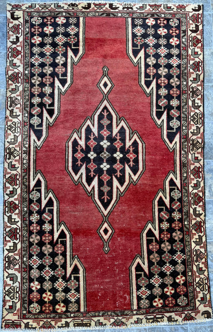 Vintage 1930s Turkish Wool Rug: 3x6 ft Farmhouse Geometric Hand-Knotted Carpet