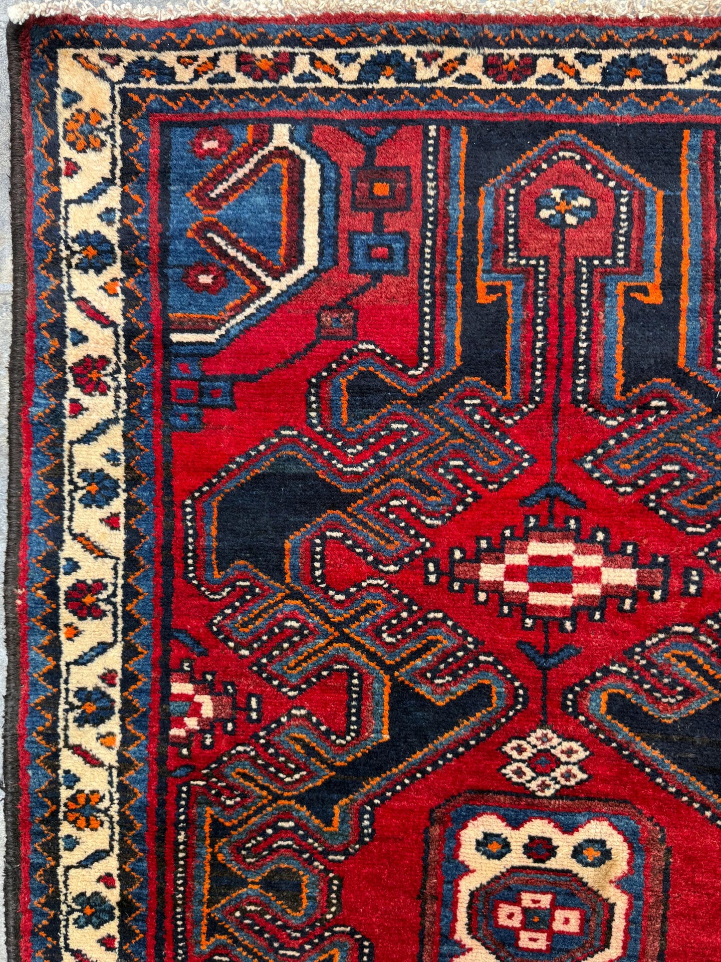 4x3 ft Vintage 1950s Hamadan/Qashqai Wool Rug: Hand Knotted Carpet, Geometric Accent