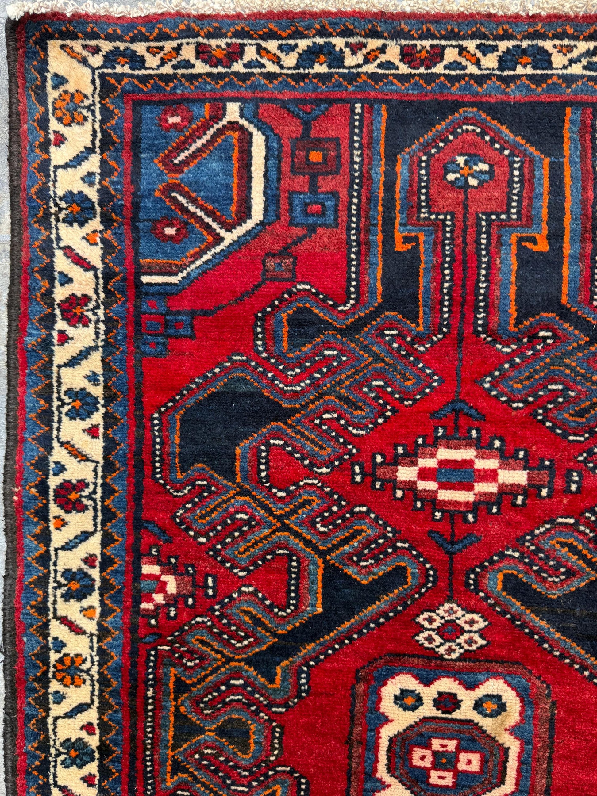 4x3 ft Vintage 1950s Hamadan/Qashqai Wool Rug: Hand Knotted Carpet, Geometric Accent