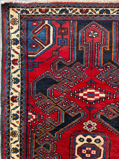 4x3 ft Vintage 1950s Hamadan/Qashqai Wool Rug: Hand Knotted Carpet, Geometric Accent