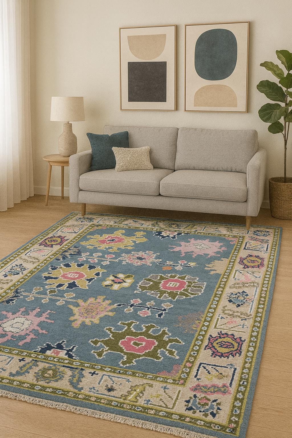 4x6.3 ft Hand-Knotted Wool Oushak Rug: Modern Bohemian Carpet