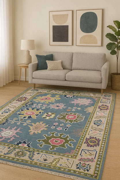 4x6.3 ft Hand-Knotted Wool Oushak Rug: Modern Bohemian Carpet