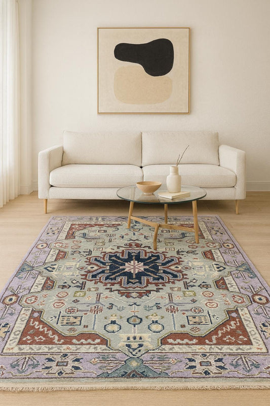 4x6 ft Handmade Heriz Oushak Rug: Modern Bohemian Wool Carpet
