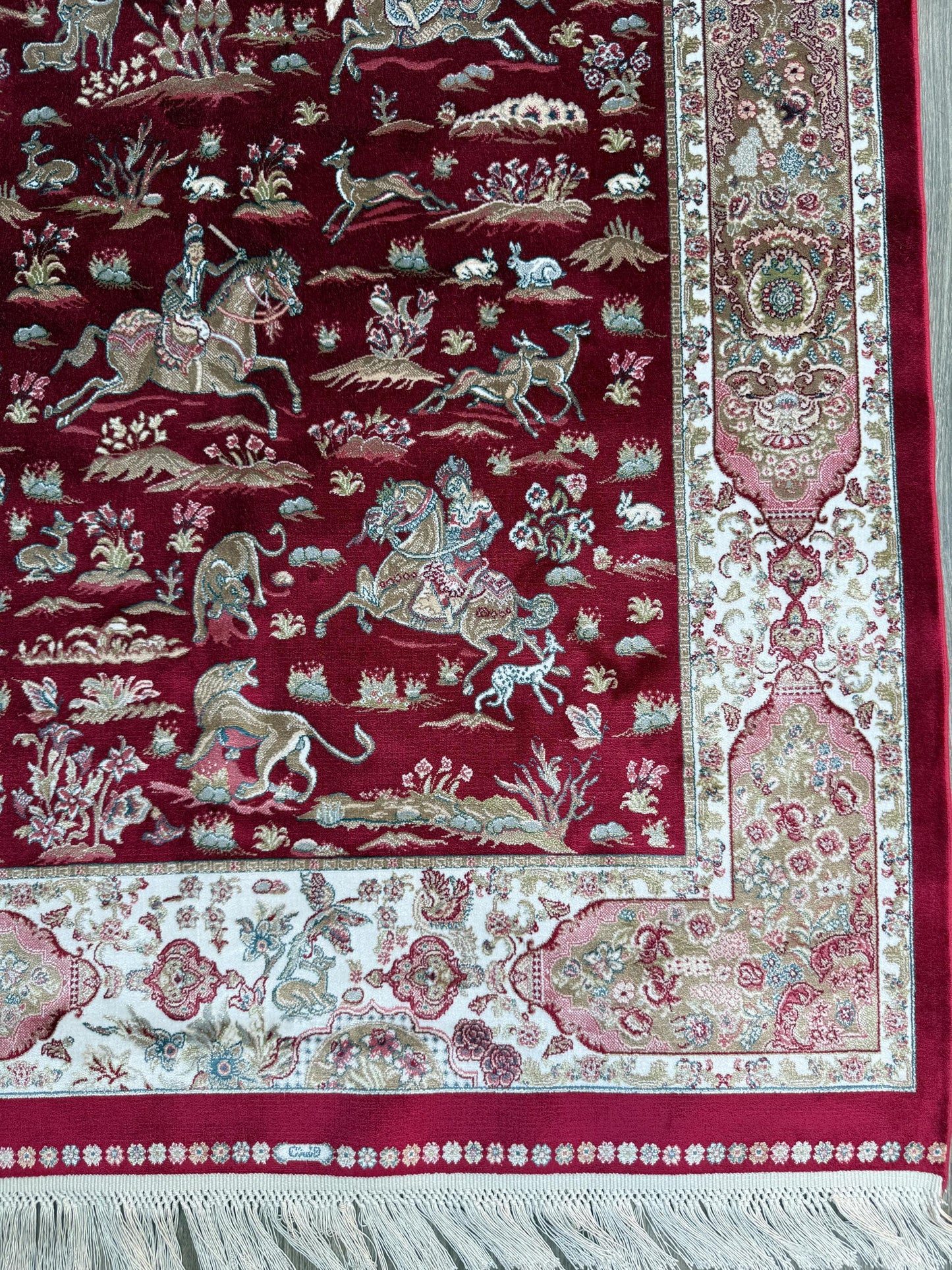 5x3 ft Signed Quomm Silk Rug: Hand Knotted Power Loomed Hunting Scene Carpet