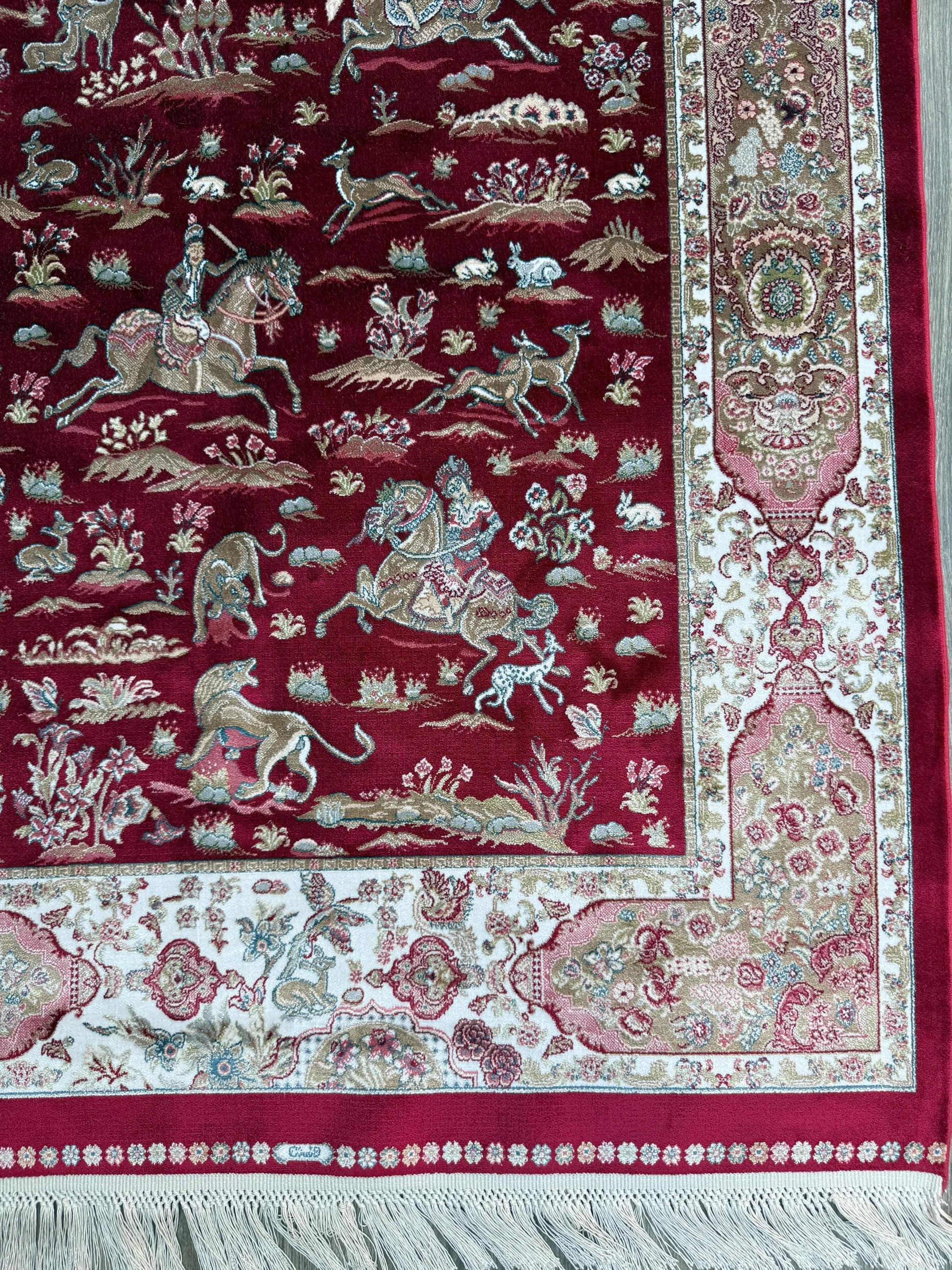 5x3 ft Signed Quomm Silk Rug: Hand Knotted Power Loomed Hunting Scene Carpet