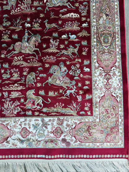 5x3 ft Signed Quomm Silk Rug: Hand Knotted Power Loomed Hunting Scene Carpet