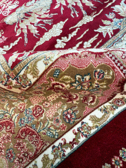 5x3 ft Signed Quomm Silk Rug: Hand Knotted Power Loomed Hunting Scene Carpet