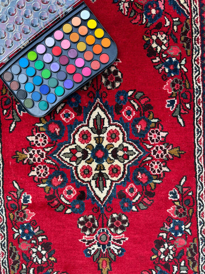 4x2 ft Vintage Hamadan Wool Rug: Hand-Knotted Oriental Carpet