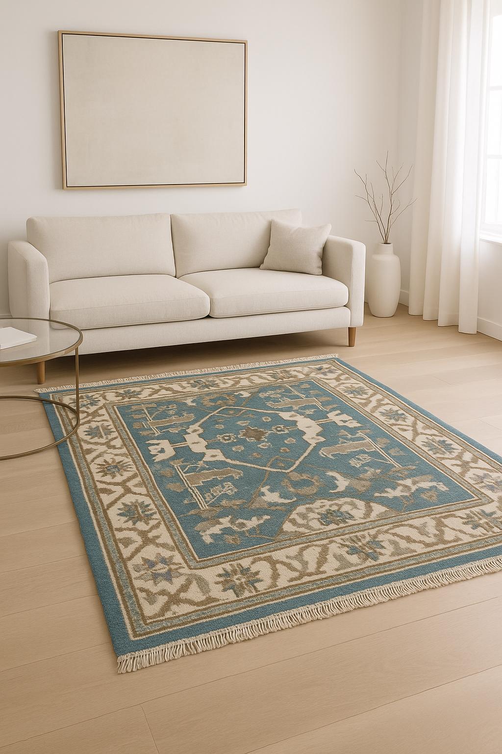 4x4 ft Hand-Knotted Square Oushak Wool Rug: Boho Anatolian Carpet
