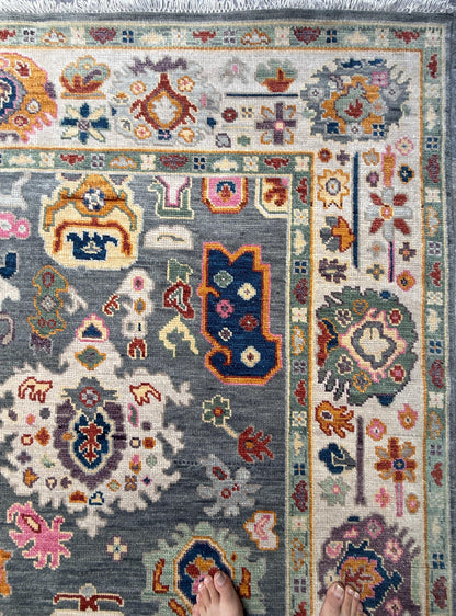 6x9 ft Oushak Hand Knotted Rug: Bohemian Wool Carpet
