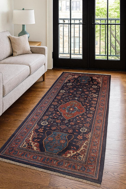 3x11 ft Vintage 1950s Runner Rug: Hand Knotted Wool Carpet, Bohemian Pictorial Design, Long Hallway Decor