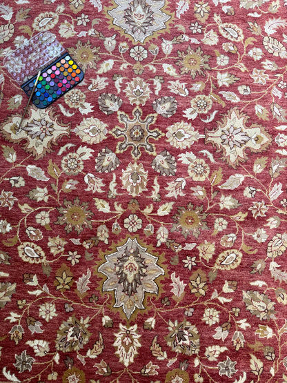 9x12 ft Tabriz Rug Oushak Style: Hand Knotted Wool Carpet with Rust & Olive Floral Design
