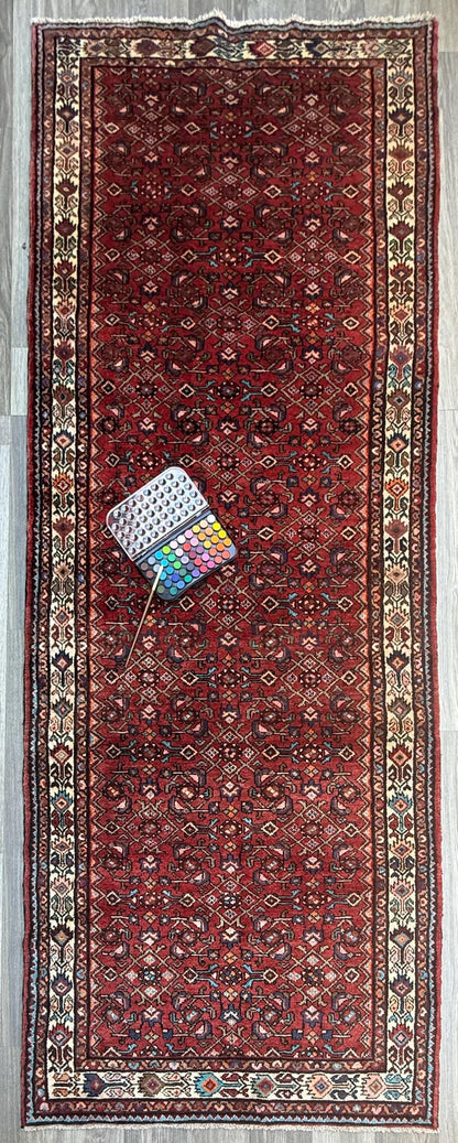 4x11 ft. Vintage 1940s Runner Rug: Hand Knotted Wool Anatolian Village Geometric Carpet
