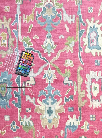8x10 ft Pink Oushak Rug: Hand-Knotted Wool Turkish Boho Carpet