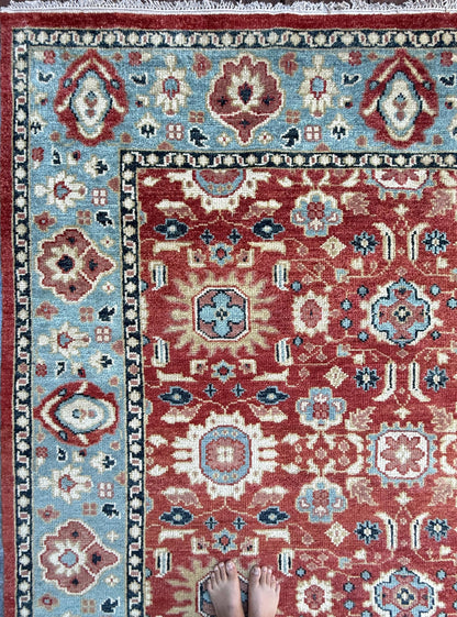 9x12 ft. Turkish Heriz Rug: Hand-Knotted Wool, Red & Blue Oushak Style