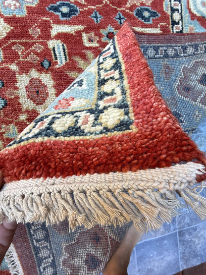 9x12 ft. Turkish Heriz Rug: Hand-Knotted Wool, Red & Blue Oushak Style