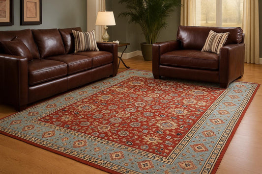 9x12 ft. Turkish Heriz Rug: Hand-Knotted Wool, Red & Blue Oushak Style