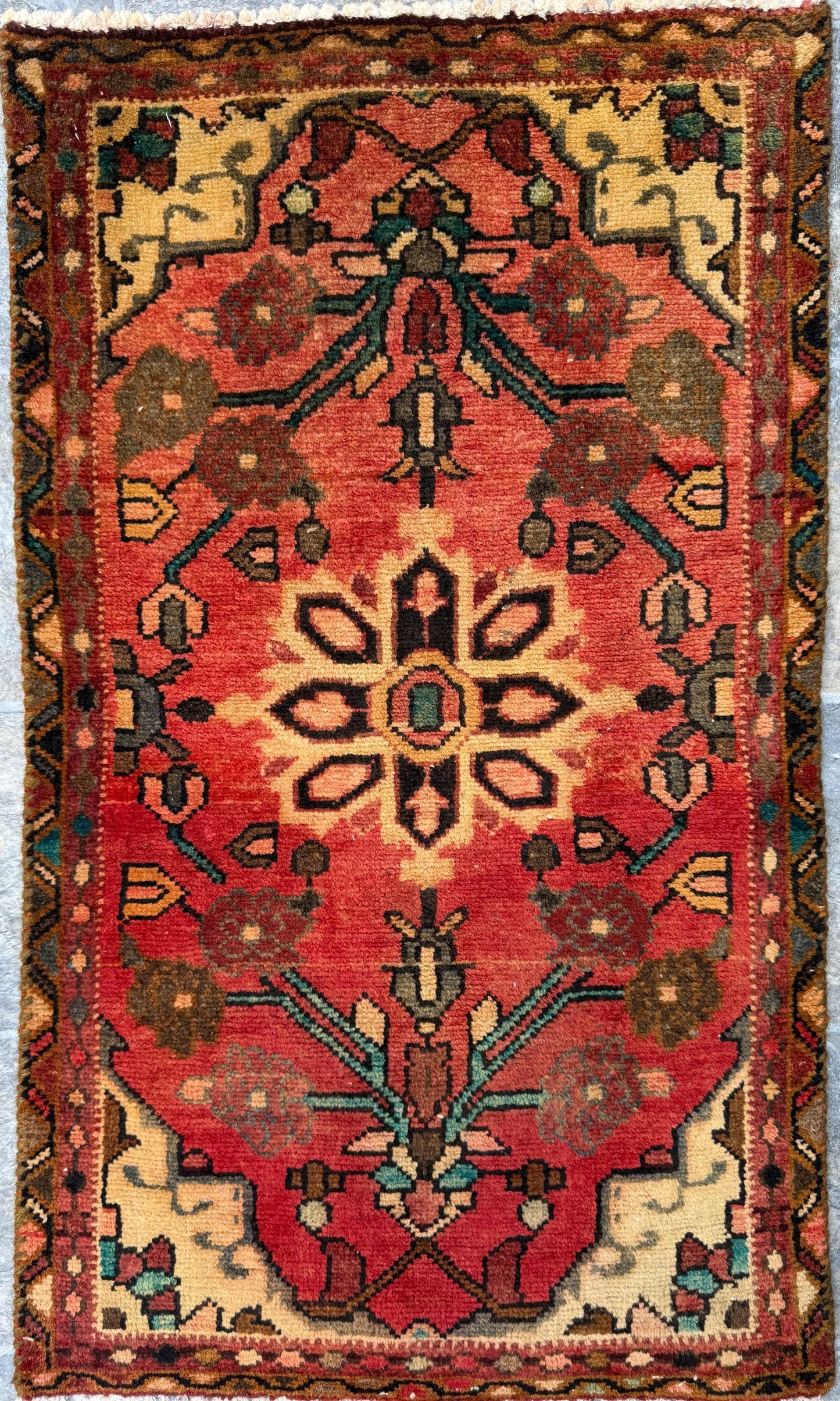 1.10 x 3.2 ft Vintage Wool Runner: 1930s Geometric Farmhouse Rug