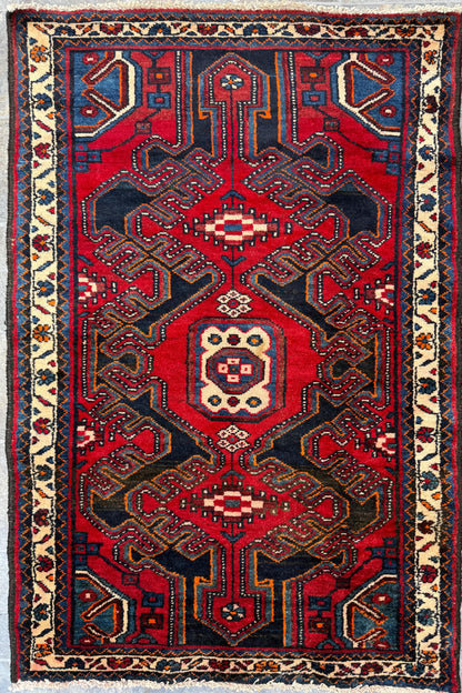 4x3 ft Vintage 1950s Hamadan/Qashqai Wool Rug: Hand Knotted Carpet, Geometric Accent