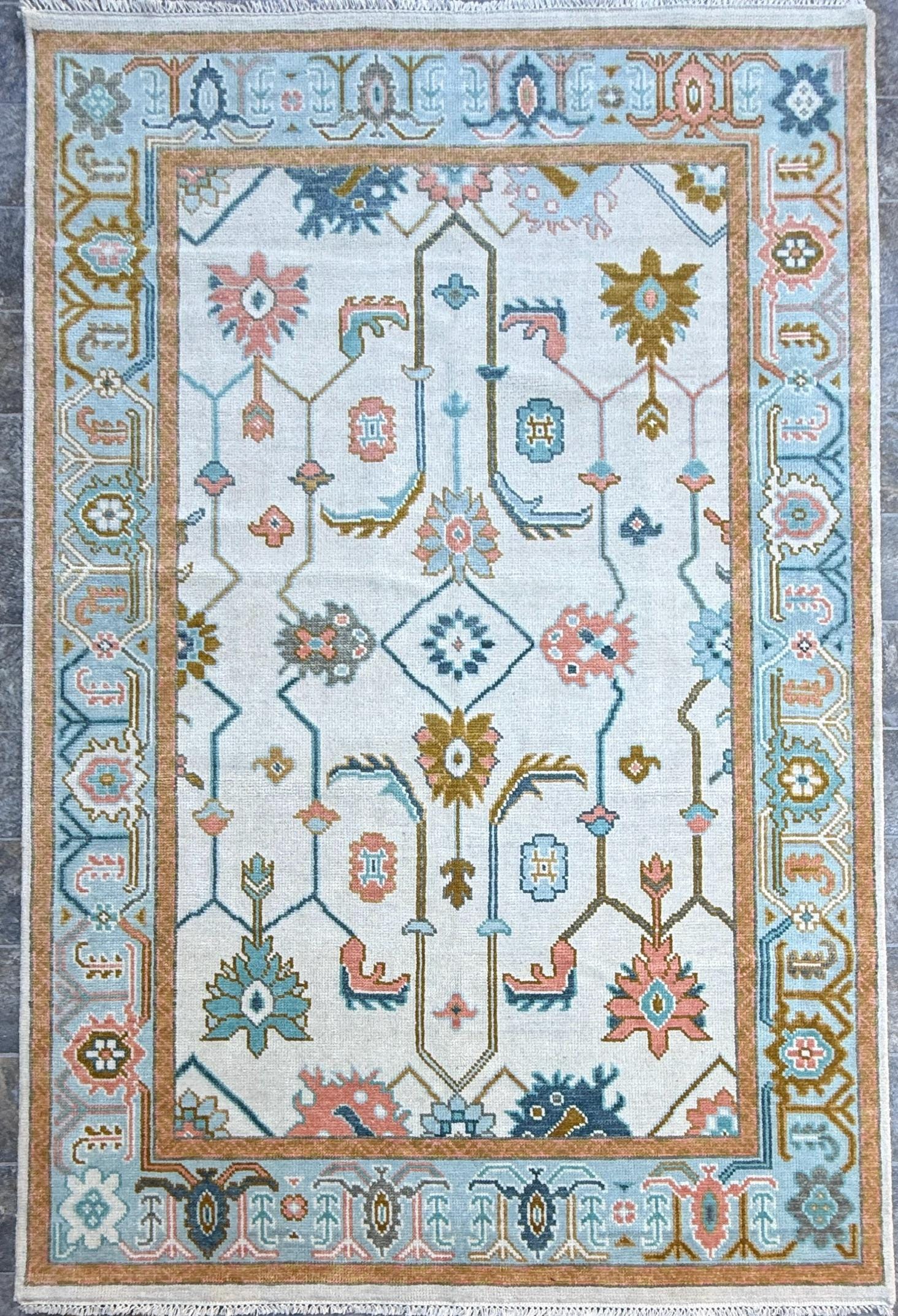 6.2x9.3 ft Oushak Floral Hand Knotted Rug: Wool Area Carpet, Vibrant Transitional Design