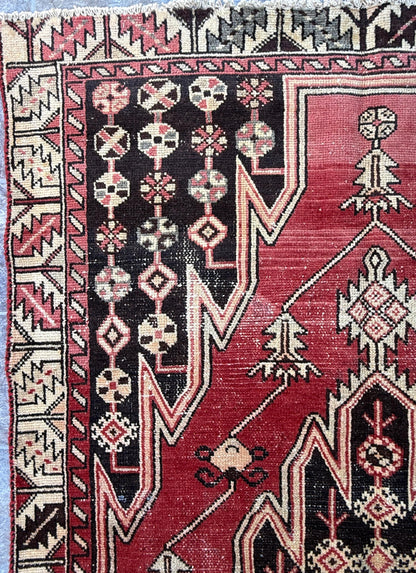 4x6.3 ft. Vintage Turkish Wool Rug: Hand Knotted Anatolian Geometric Carpet 1930s