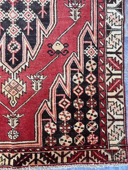 4x6.3 ft. Vintage Turkish Wool Rug: Hand Knotted Anatolian Geometric Carpet 1930s