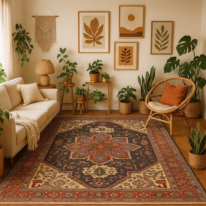 10x7 ft Vintage Heriz Wool Rug: Hand-Knotted Tribal Carpet