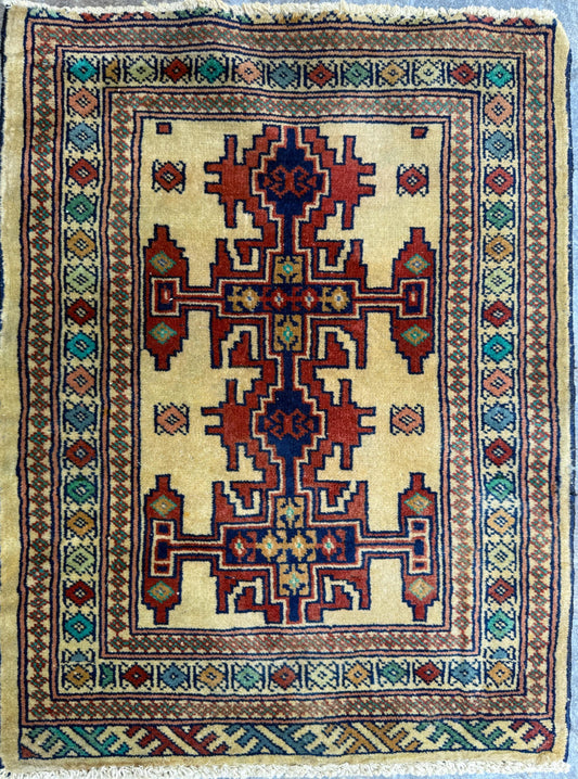 2x2 ft Vintage Rug Hand Knotted Wool Anatolian Accent, 1930s Geometric Design