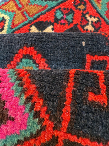 1x3 ft 1930s Village Rug: Hand Knotted Wool Geometric Accent