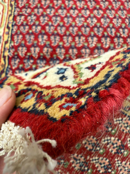 4.3x2.2 ft Vintage 1980s Badam Gul Mir Rug: Hand Knotted Wool Oriental Carpet, Small Geometric Tribal Accent