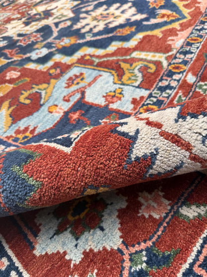9x12 ft Serapi Heriz Rug: Hand Knotted Wool Carpet, Vibrant Color Geometric Oriental Large Area Rug