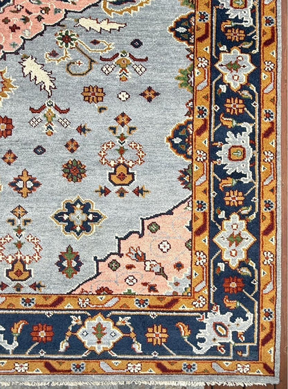 9.4x12 ft Ocean Blue Turkish Oushak Rug: Handmade Modern Multicolored Area Carpet, Contemporary Oriental Design