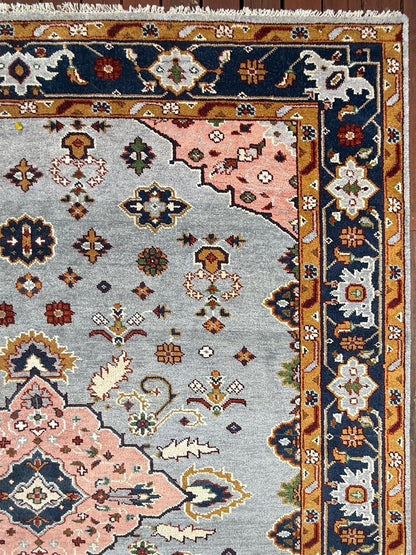 9.4x12 ft Ocean Blue Turkish Oushak Rug: Handmade Modern Multicolored Area Carpet, Contemporary Oriental Design