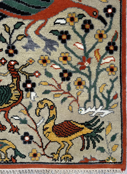 3x5 ft Bohemian Oushak Rug: Tree of Life Bird Design Modern Hand Knotted Wool Carpet